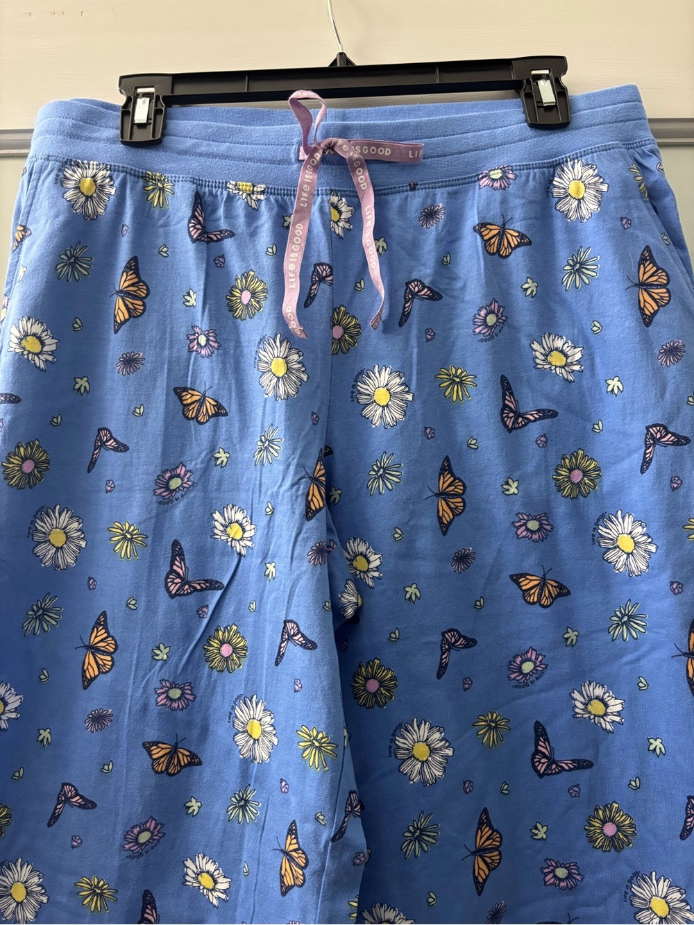Life Is Good Blue Butterfly & Daisy Pajama Bottoms with Pink Drawstring - Picture 2 of 5